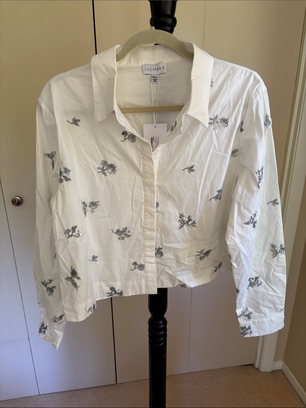 Lucy Paris White Embroidered Button-Up Blouse with Silver Accents